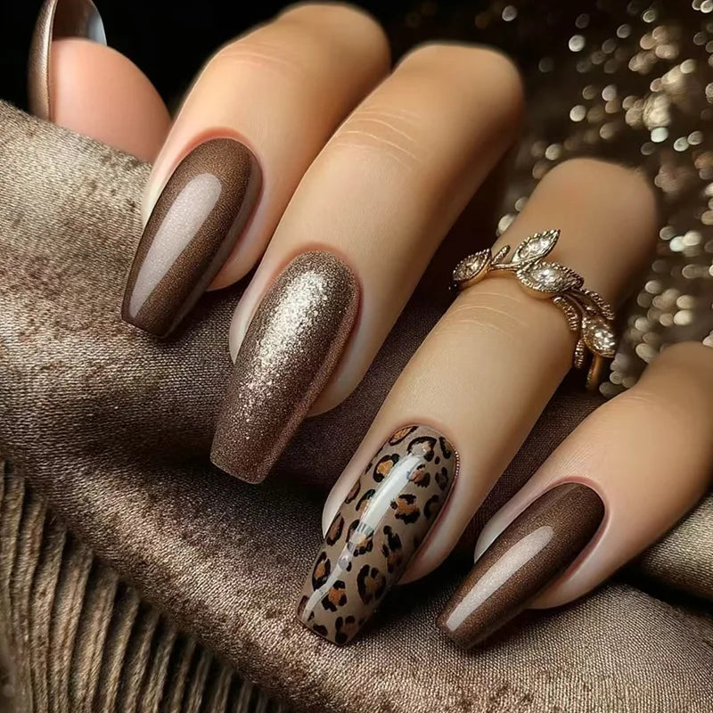 24Pcs Fashion Fake Nails Press on Long Ballet False Nails Art with Flower Design Brown Detachable Full Cover Nail Tips Manicure