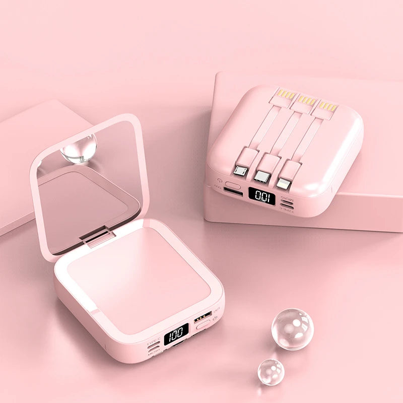 20000mAh Power Bank with Makeup Mirror Detachable Digital Display External Battery Built in Cable for iPhone Samsung
