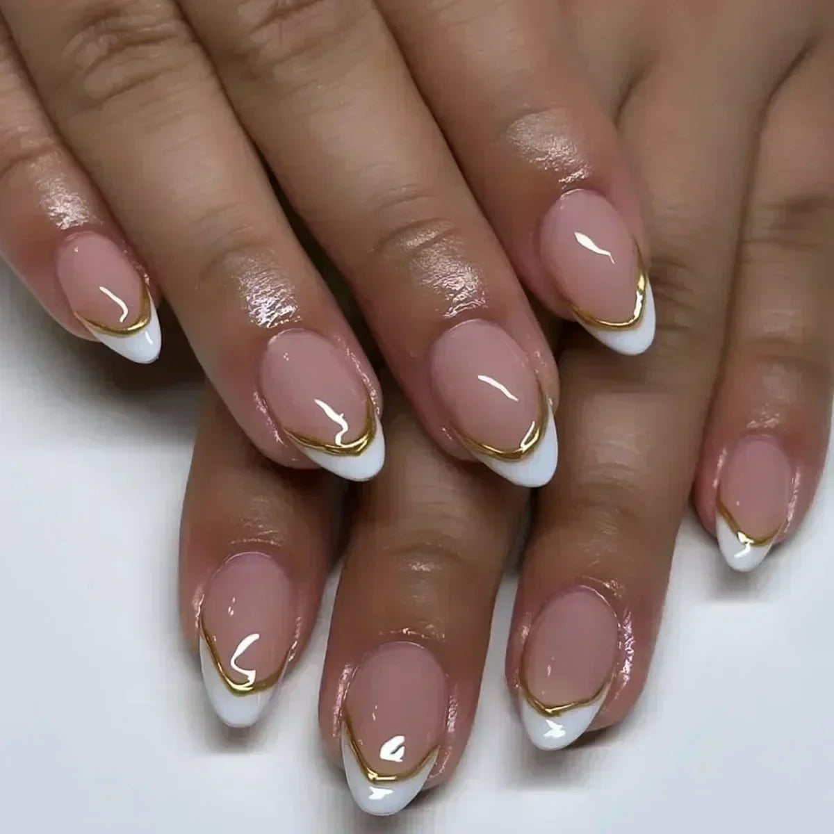 24pcs French Almond Fake Nails Gold Edge Glitter Press on Nails Swirl Metal Nail Art False Nail Full Cover Nail Tips False Nais
