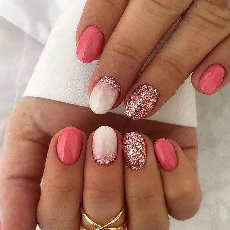 24 pcs short Oval French simple solid color Flash nails +1 nail glue +1 nail file
