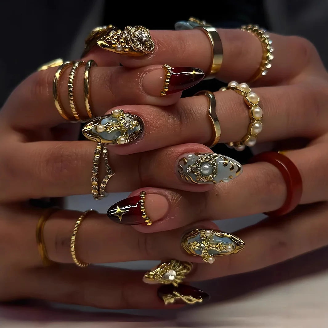 24Pcs Short Almond Fake Nails Butterfly Wings Nail Art with Glue Glitter Flower False Nails Acrylic Autumn Winter Press on Nail