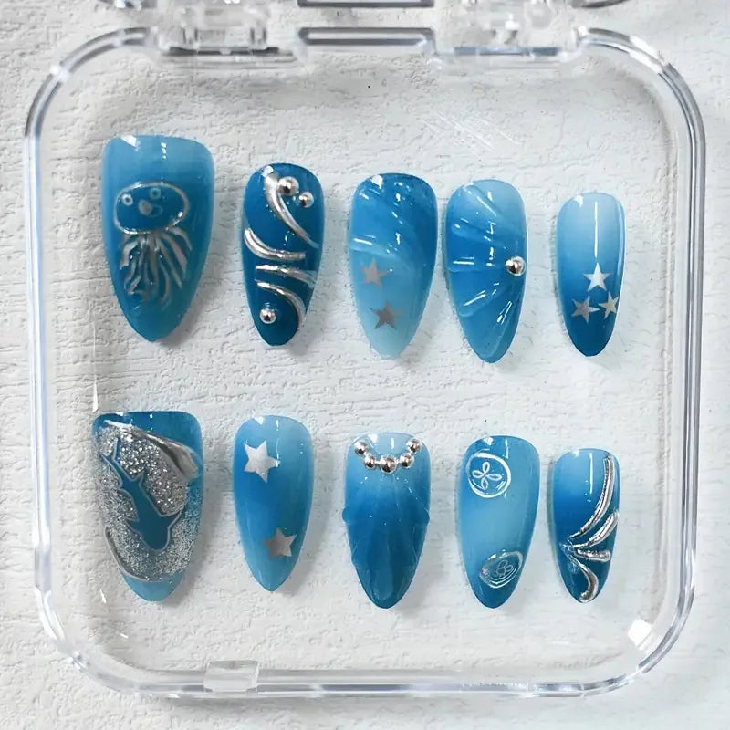 10pcs Handmade Press on Nails Cartoon Shark Pattern Design Fake Nails Wearable Detachable Ins Simple Almond Shaped False Nails