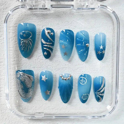 10pcs Handmade Press on Nails Cartoon Shark Pattern Design Fake Nails Wearable Detachable Ins Simple Almond Shaped False Nails