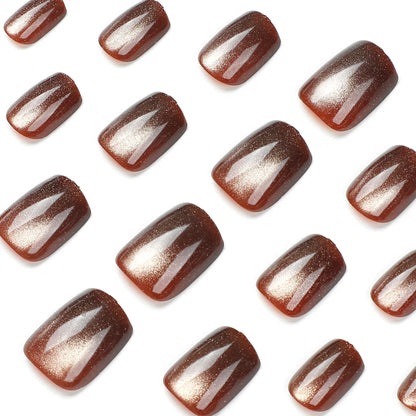 24pcs/set cat eyes fake nails for women girls red brown green blue grey sparkling short tips faux ongles press on false nail