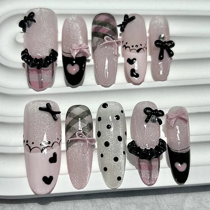 Black Pink Sweet French Almond Handmade Press On Nails Grid Polka Dot Love Skirt Ballet Fake Nails Princess Cute Bow Nail Art