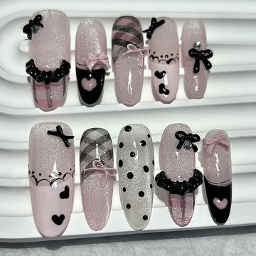 Black Pink Sweet French Almond Handmade Press On Nails Grid Polka Dot Love Skirt Ballet Fake Nails Princess Cute Bow Nail Art