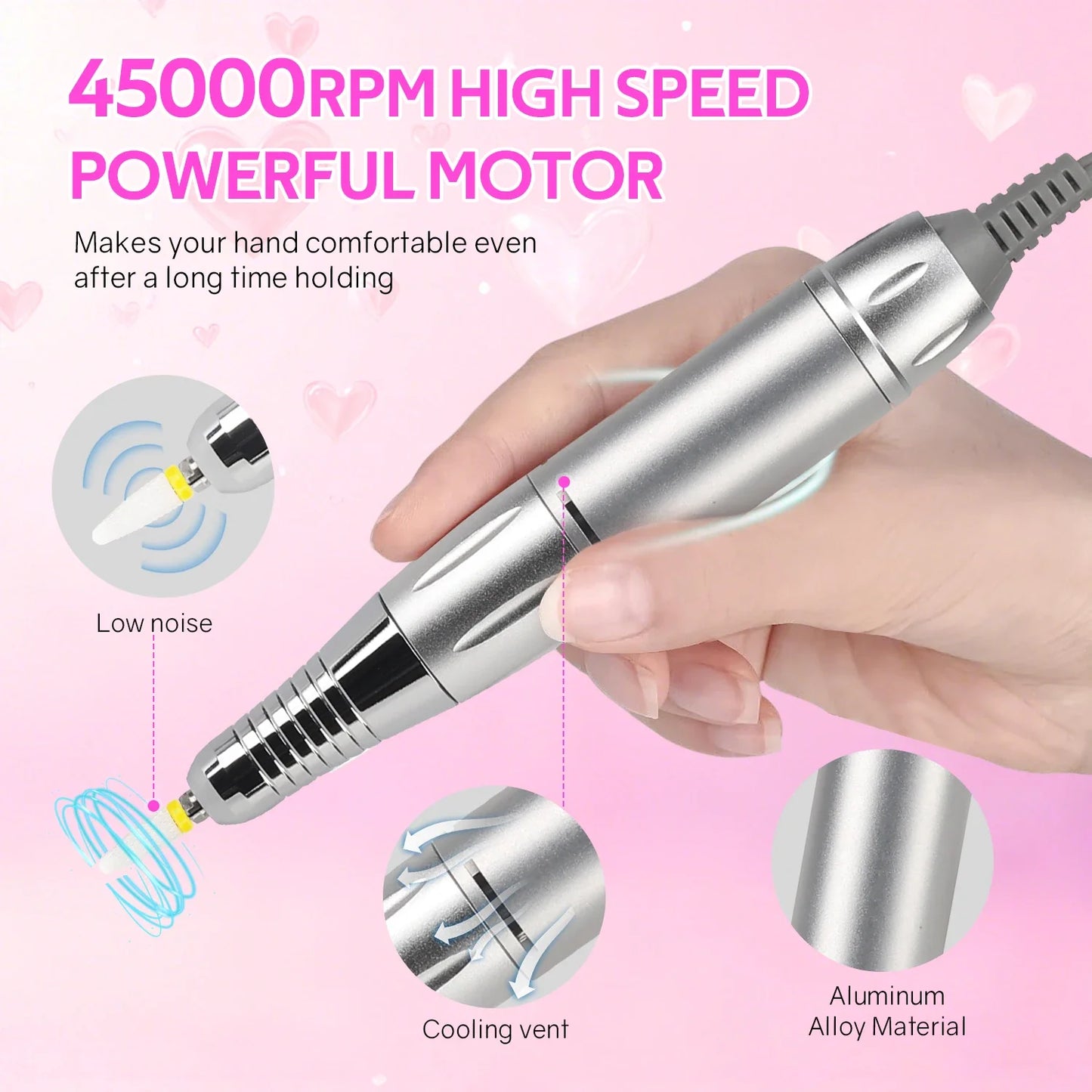 DianaBeauty 45000RPM Rechargeable Nail Drill Machine Nail Polish Polisher Electric Manicure Sander Low Noise Nail Salon Tools
