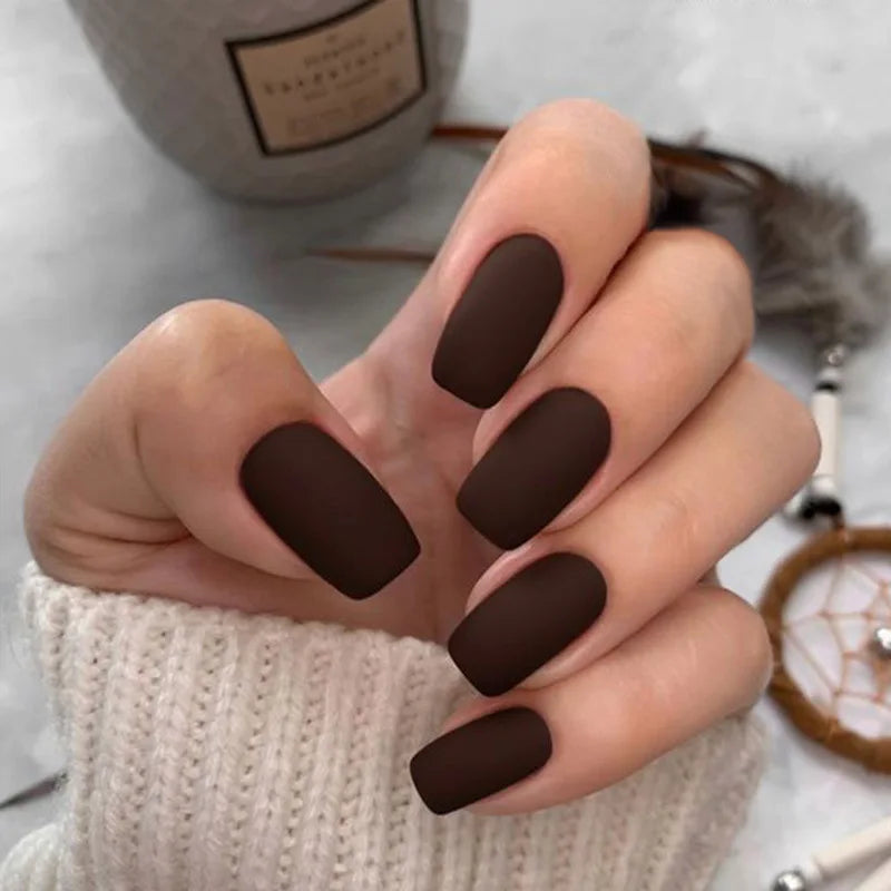 24pcs/set short fake nails for women girls almond ballet nail tips matte red nude brown faux ongles press on acrylic false nail