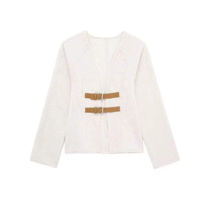 Women Fashion With Belt Woolen Jacket Coat V Neck Long Sleeve Female Outerwear Chic Tops