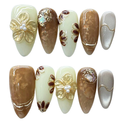 10PCS Handmade Almond Fake Nails With Carved 3D Floral Cat Eyes Pearl Brown Fake Nails Long Oval False Nail Wearable