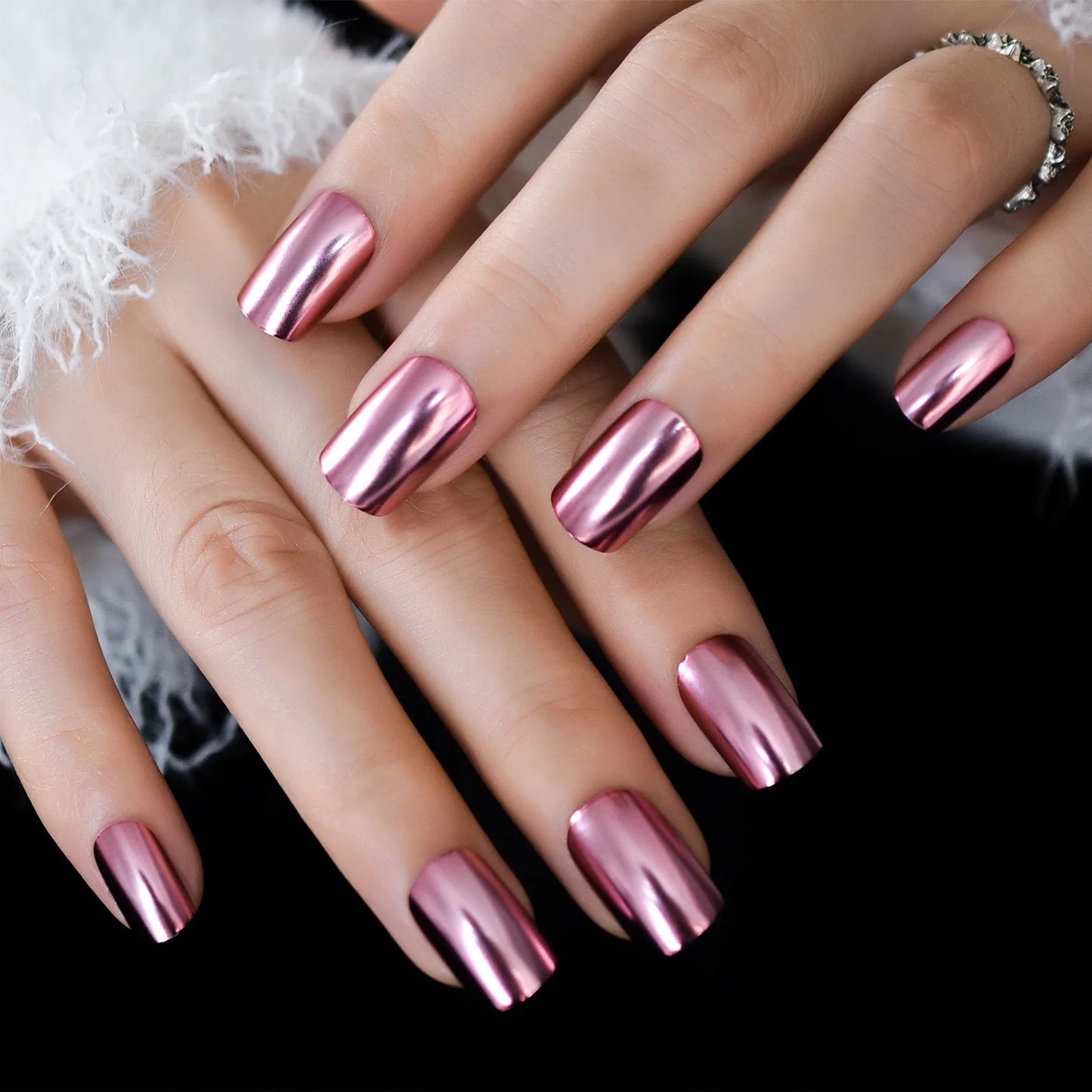 Chrome Punk Metallic PinkSquare Press On False Nails Medium Short Length Fingernails Bright Acrylic Manicure Art Tips 24pcs/Set