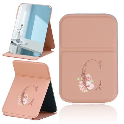 Fold Desktop Makeup Mirror Handheld PU Travel Makeup Mirror Portable Leather Anti Slip Pocket Mirror Rose Gold Letter Pattern
