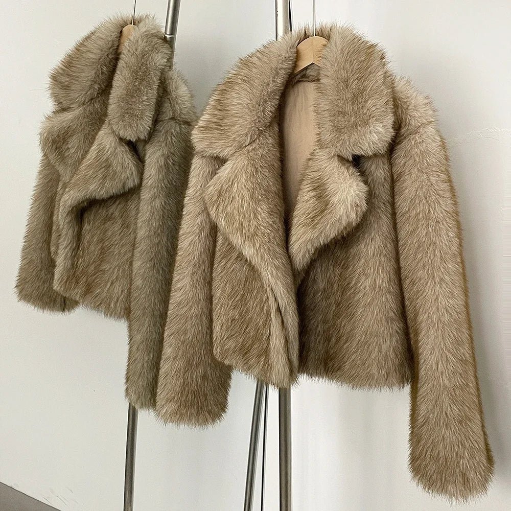 OFTBUY Faux Fur Jacket Women Fashion Vintage Turn-Down Collar Coat Long Sleeve Fur Coat Eco-friendly Autumn Winter Streetwear