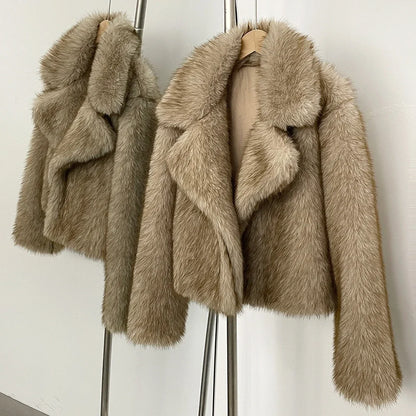 OFTBUY Faux Fur Jacket Women Fashion Vintage Turn-Down Collar Coat Long Sleeve Fur Coat Eco-friendly Autumn Winter Streetwear