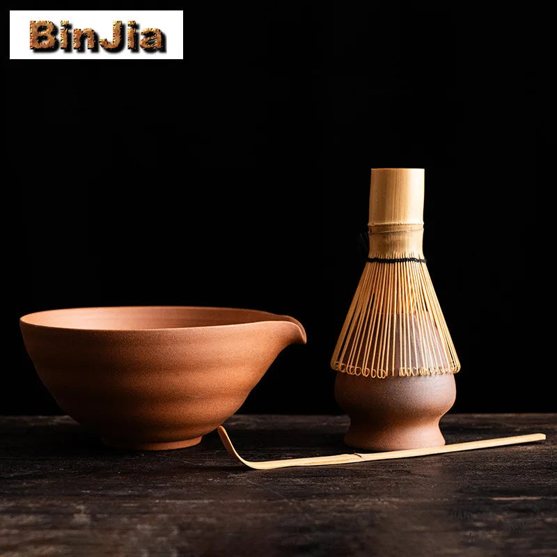 Unglazed Coarse Pottery Old Rock Clay Tea Set Complete Set Japanese Matcha Set Kit Matcha Bowl Bamboo Tranditional Tea Sets