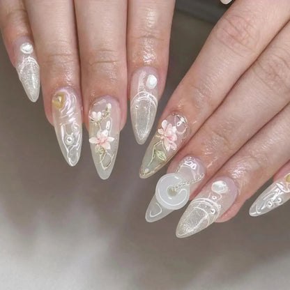 24Pcs Pink Almond False Nails Sweet Summer Fake Nail Cute Flowers Pearl Nails Press Ons Colorful Monet Press on Nails for Girls
