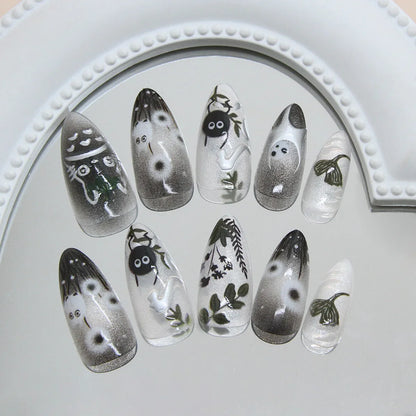 24pcs Gradient Black False Nails Cute Cartoon Cat's Eye Forest Elf Girl Press On Nails Glossy Almond Sweet Cool Fake Nail Tips