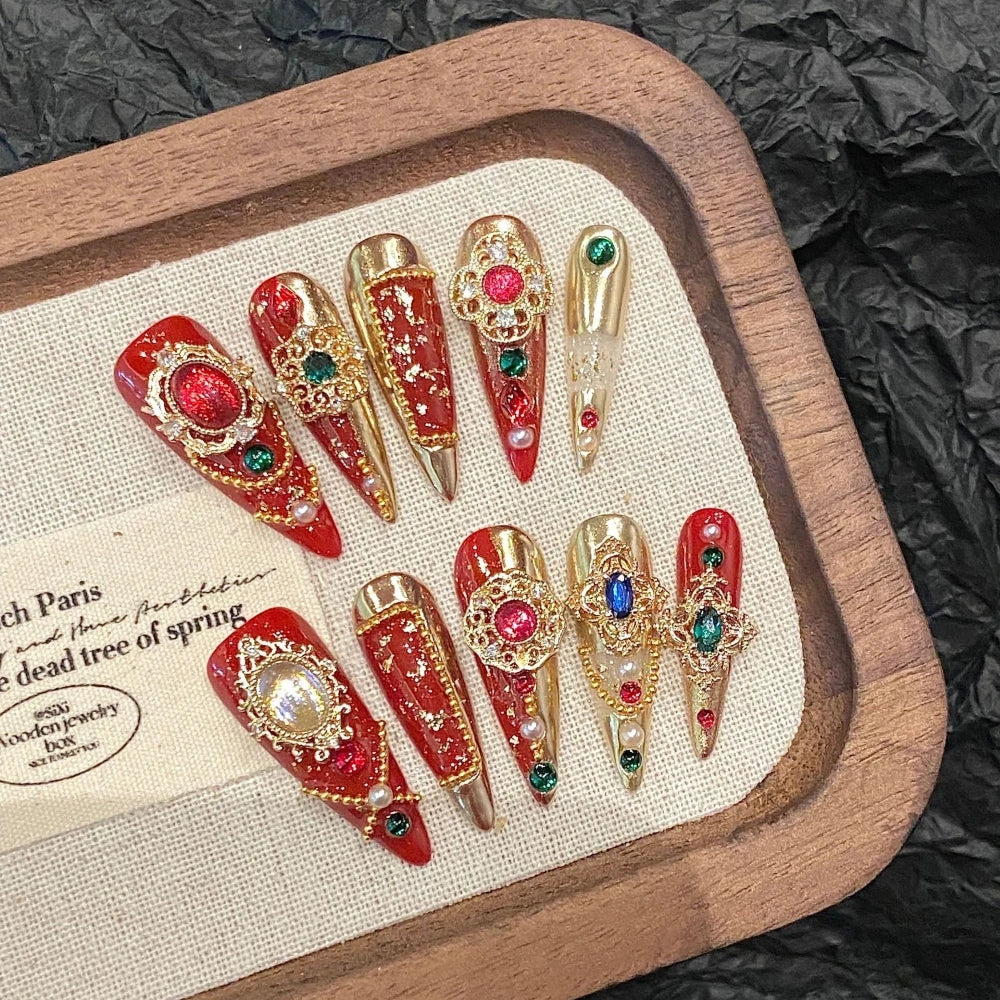 10Pcs High Quality Handmade Press on Nails Qingwu Yuanshan Green Spring/Summer Explosive Luxury Heavy Industry Niche Style Hot