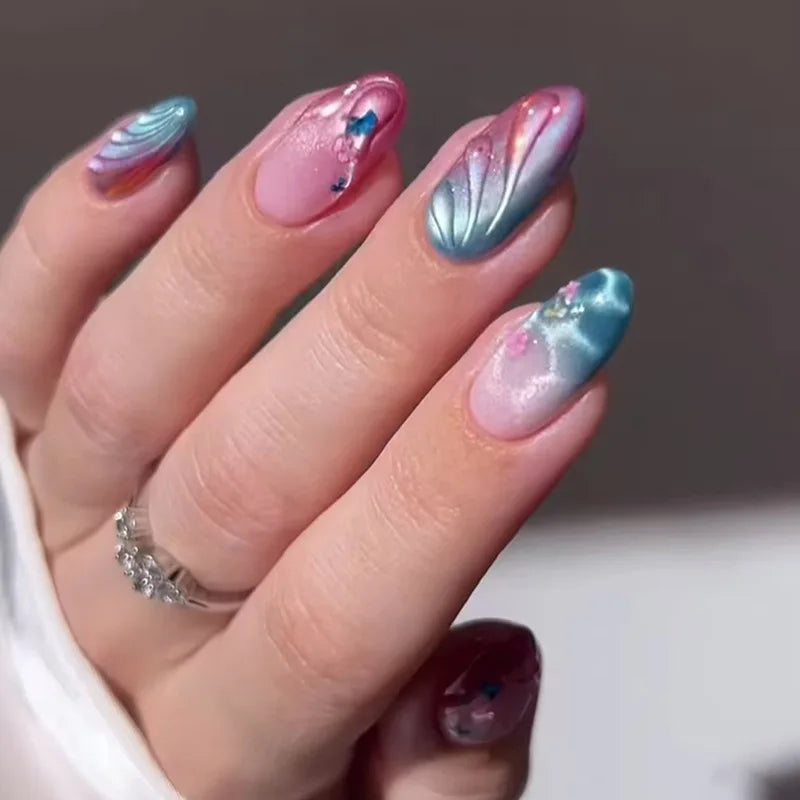 24Pcs 3D Green Ripple Design False Nails Cat's Eye French Almond Fake Nail Tips Leaves Pattern Removable Oval Press on Nails