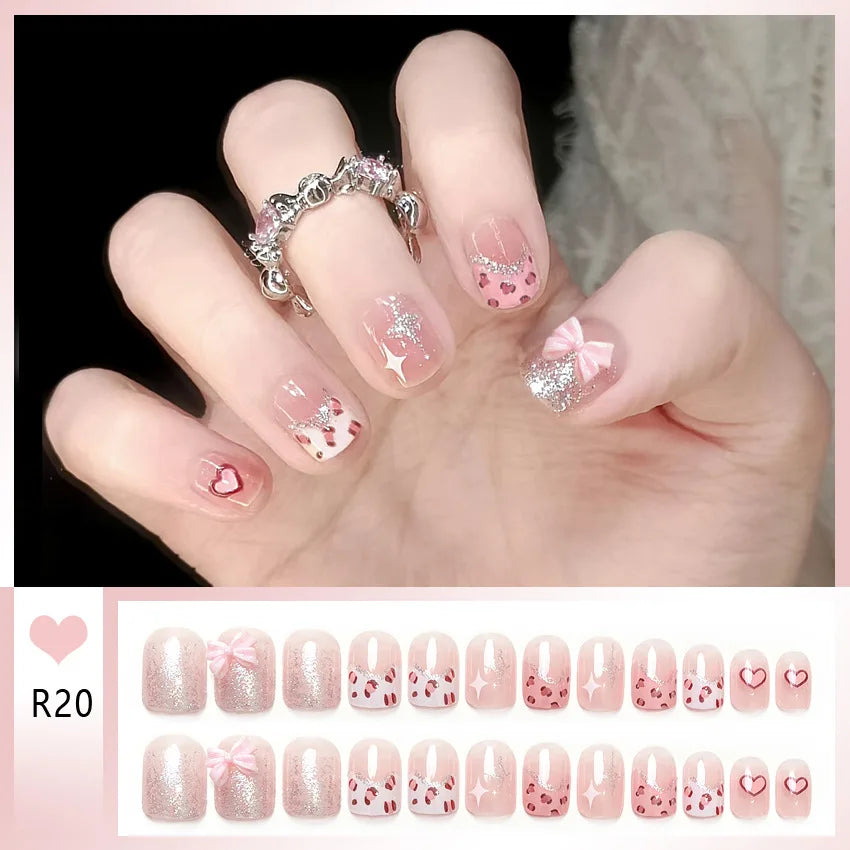 24pcs Bowknots Love Heart Pattern Press On Nails Cute Fresh Short Round French Style False Nails Korean Sweet Wearable Fake Nail