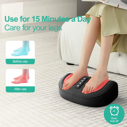 A black foot massager with bidirectional roll massage for the soles of the feet. Included is a power supply for