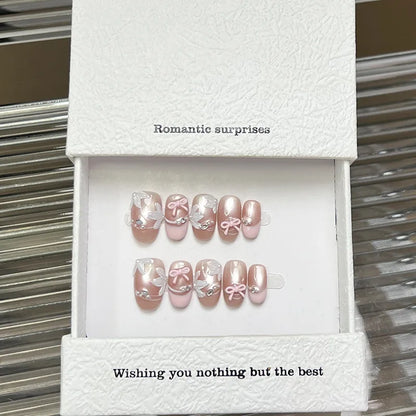 10pcs Handmade Pink Press on Nails Sweet Bow Design Round Head Fake Nail Tips Wearable Reusable Shiny Cat Eye Korean False Nails