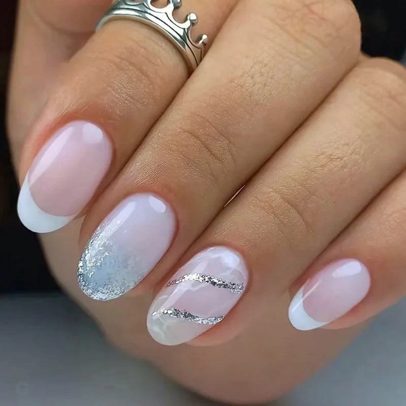 24Pcs Short Round Head Press on False Nails with White Sumdge Design Fake Nail for Woman Reusable Finished Full Cover Nails Tips