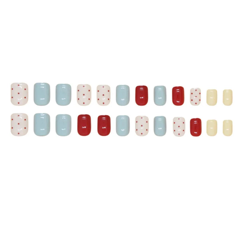 24pcs Retro Polka Press-On Nails - Cherry Red & Lake Blue Dots Short Round Shape (Multi Sizes) Coverage Nail Art Kit