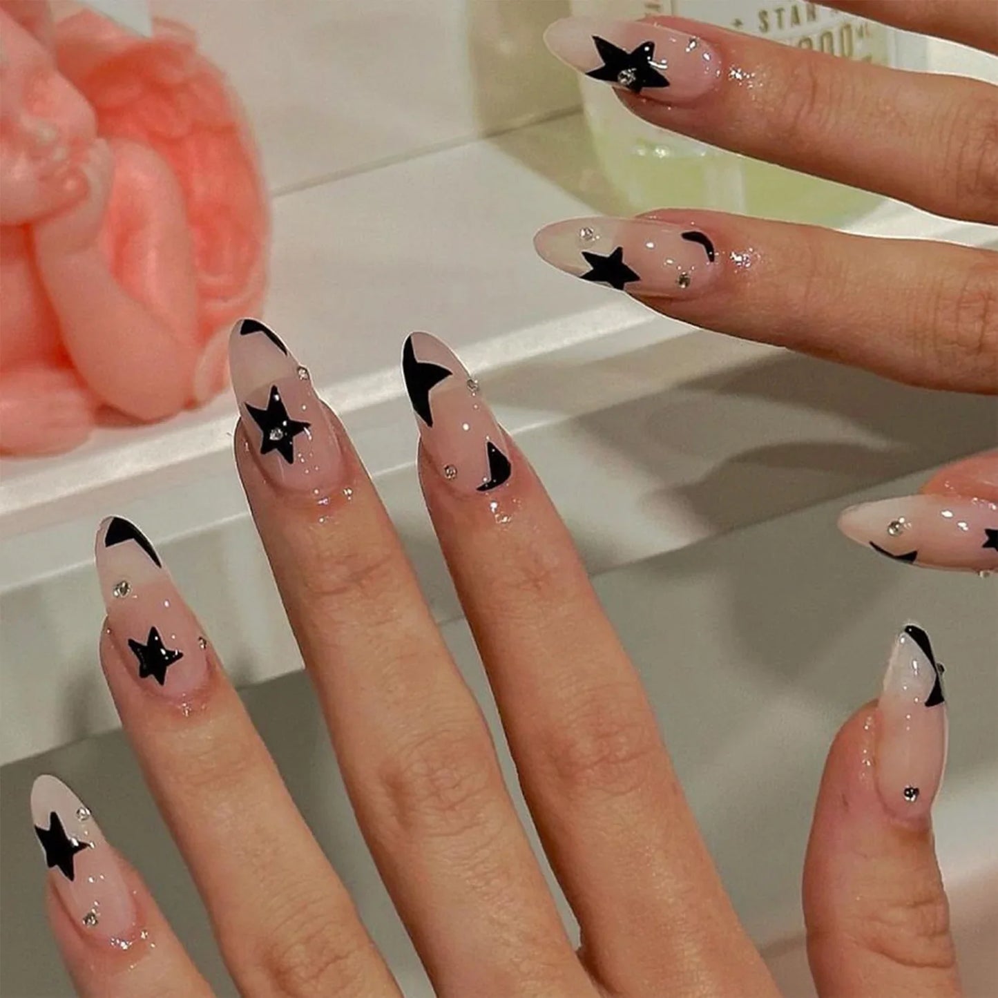 Wearable Stars Y2k Nails Press On Short Square 24pcs Fake Nails Silver Stripes False Nails Decoration Glitter Nail Tips Finished