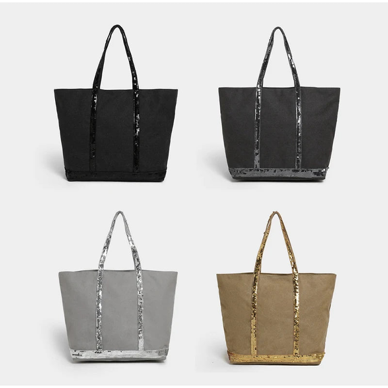 Retro Large-capacity Canvas Tote Bag Brand Contrast Color Sequins Highquality Handbag Unisex Large Travel Shoulder Messenger Bag