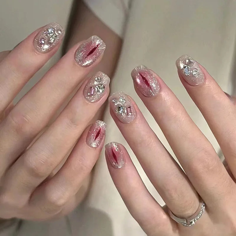 24pcs/set short medium fake nails shinny sparkling glitter square ballet nail tips starry star cat eyes press on false nail art