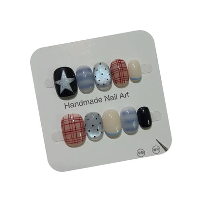 10pcs Short Oval Shaped Press-On Nails - Color Block Stripes & Star Designs Glossy Mix-and-Match False Nails for Women and Girls