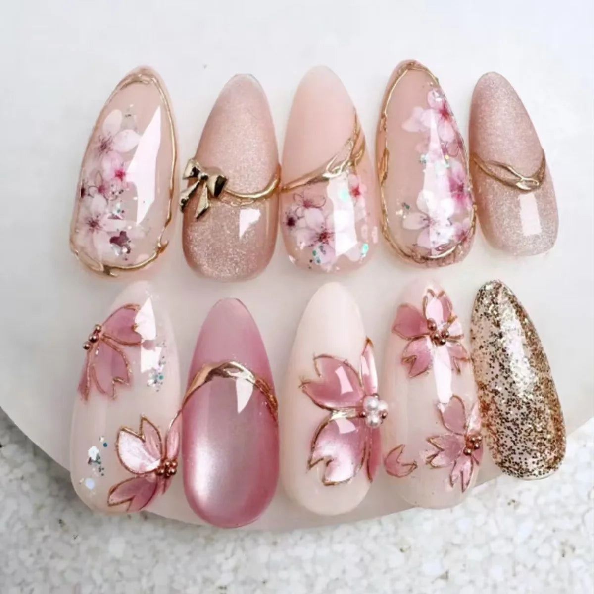 24pcs Pink Flower Almond Press on Nails Simple Fake Nails False Nails Artificial Tip Накладные Ногти Uñas Postizas Mujer 네일팁