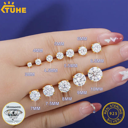 TUHE Unisex Classic Round Moissanite Earrings 925 Silver  For Women  D Color VVS1 Moissanite Round Earrings Fine Jewelry
