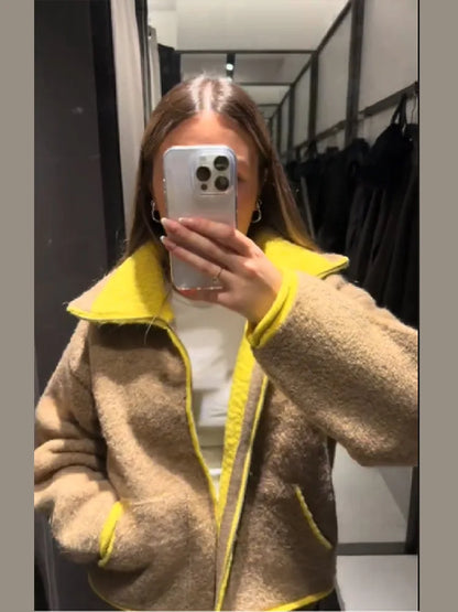 Fashion Contrasting Knitted Cardigan for Women Elegant Long Sleeve Pockets Zipper Sweater 2026 Spring Street Lady Chic Outwear