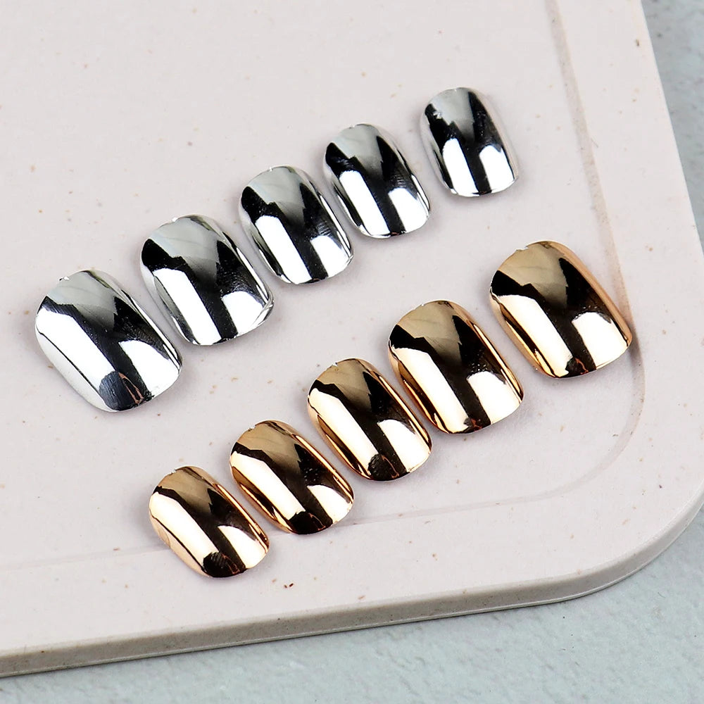 48 Pcs Gold Silver Mirror Chrome Kids Nails Press On Metalic False Nail Art Tips Pre-glue Short Oval Full Cover Fake Nails