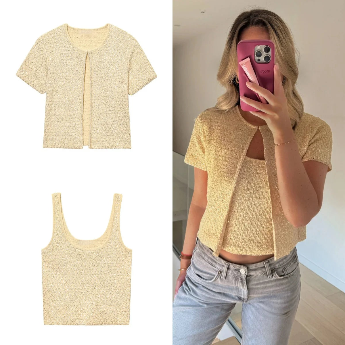 UNIZERA Fashion Temperament Sequin Knitted Jacket + Knitted Camisole Top Women's Clothing 2025 Summer New Products Set