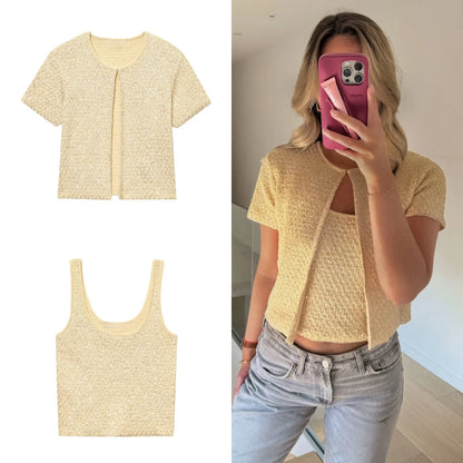 UNIZERA Fashion Temperament Sequin Knitted Jacket + Knitted Camisole Top Women's Clothing 2025 Summer New Products Set