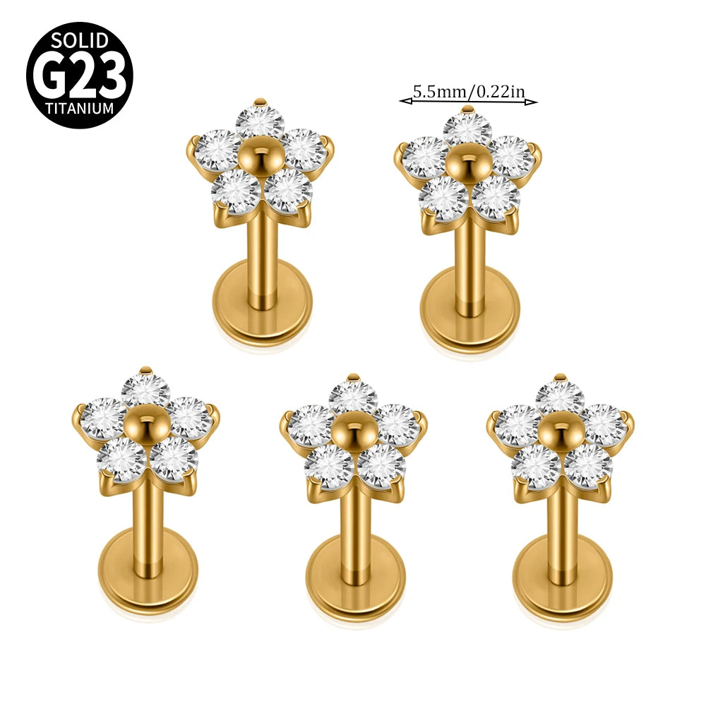 1/5PCS F-136 Implant Titanium Different Size Flower Zirconia Labret 16G Internal Threaded Cartilage Helix Lobe Earring Piercing