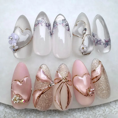 24Pcs Pink Almond False Nails Sweet Summer Fake Nail Cute Flowers Pearl Nails Press Ons Colorful Monet Press on Nails for Girls