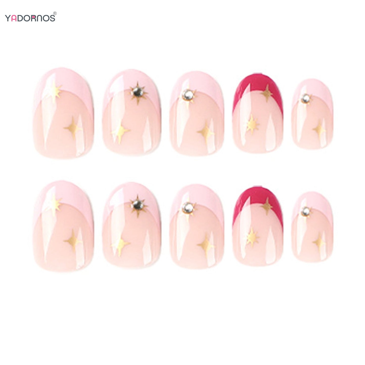 24pcs Short Almond Pink French False Nails Star Design Press on Nails Fake Nails DIY Manicure Detachable Stick-on Nail Tips