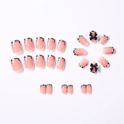 24Pcs Pink Leopard Print French Tips False Nails Short Square Head 3D Black Bowknot Fake Nails Acrylic Full Cover Press on Nails