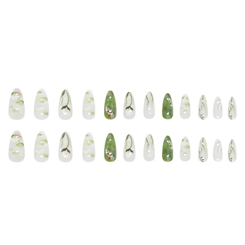 24pcs Summer Fresh Green Press On Naills Lotus Flower Gold Fish Pattern Printed Fake Nails Glossy Almond Detachable False Nail