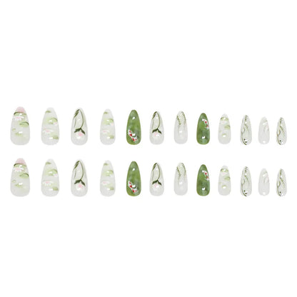24pcs Summer Fresh Green Press On Naills Lotus Flower Gold Fish Pattern Printed Fake Nails Glossy Almond Detachable False Nail