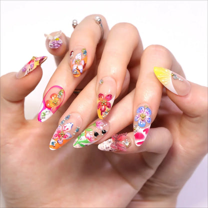 Pink Magic Mirror French 3D Flowers Nail Art Fashion Almond Wearable False Nails Detachable Finished Fake Nails Press on Nails