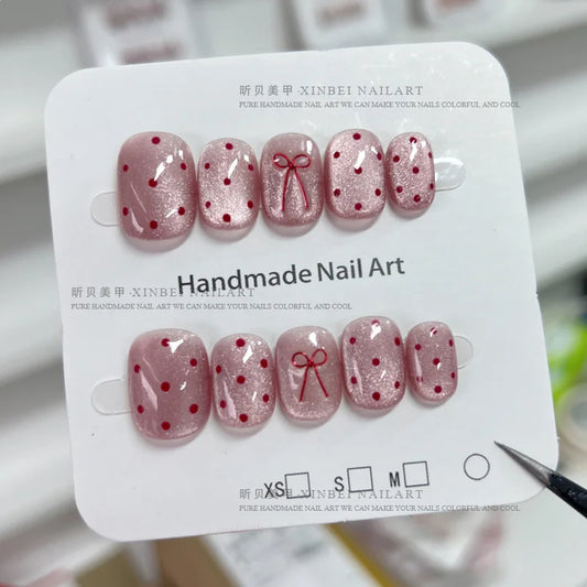 10pcs Ballet Short Nail Tips Set-Glossy Finish Polka Dot & Solid Color Designs with 3D Bow Accents Nail Art for Women and Girls