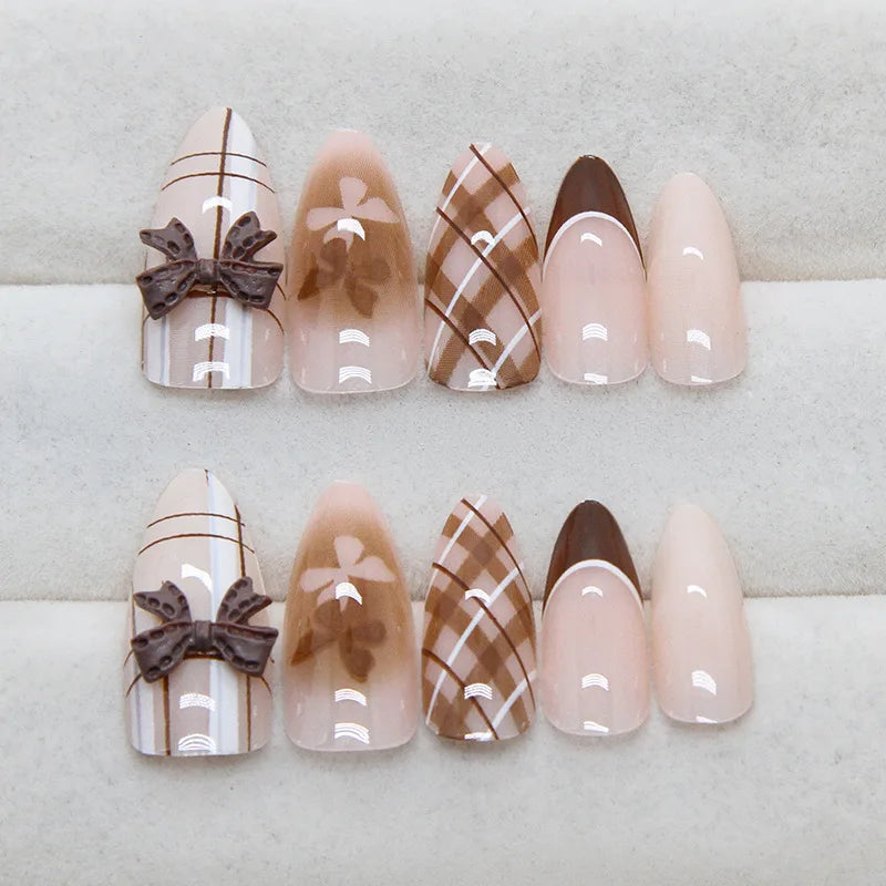 24Pcs Brown Plaid Press on Nails French Bow Spring False Nail Medium Almond Fashion Atmosphere Wearable Nail for Women&Girl