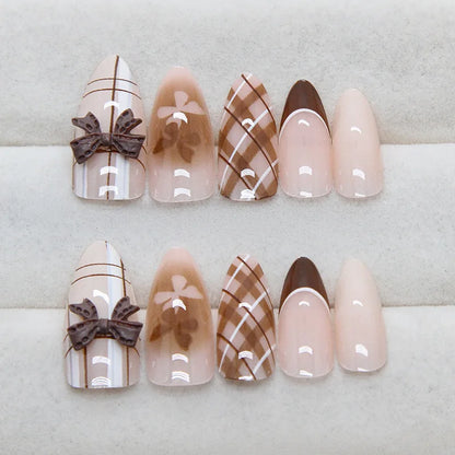 24Pcs Brown Plaid Press on Nails French Bow Spring False Nail Medium Almond Fashion Atmosphere Wearable Nail for Women&Girl
