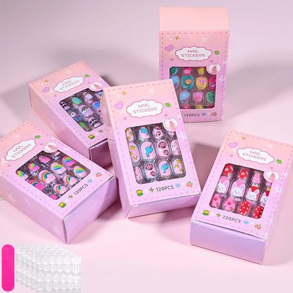 120Pcs Children's Press on Nails Kids Cartoon Acrylic Fake Nails Tips Kawaii Girl Full Cover Short False Nails With Jelly Glue#@