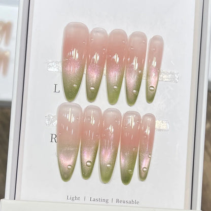 10pcs Long Almond Fake Nails Tips With Green Cat's Eye Handmade French Press On Nail Flower Pearl Design False Nail Detachable
